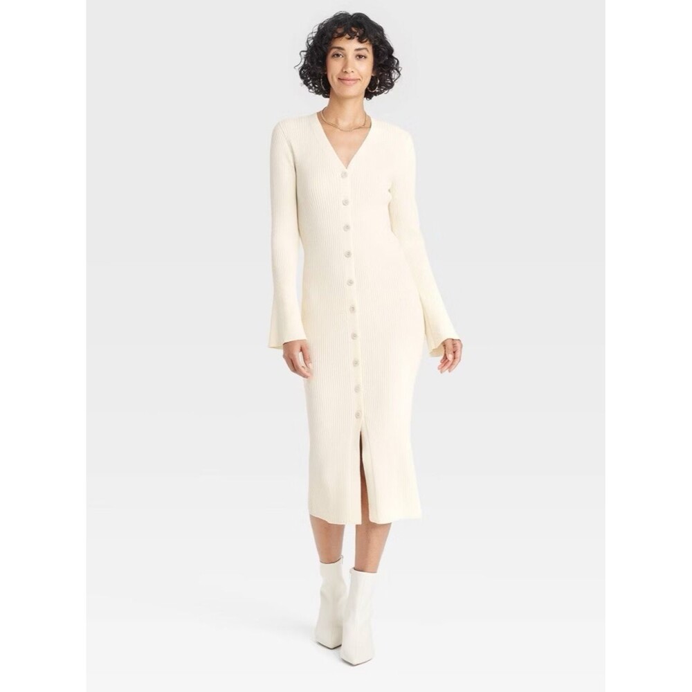 A New Day Ribbed Button Front Midi Sweater Dress Cream All Sizes NWT/NWOT